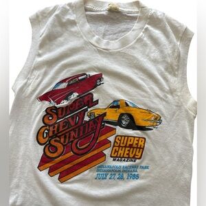 Vintage 80’s Super Chevy Sunday Women’s Sleeveless White Shirt Size Small‎ Chevy